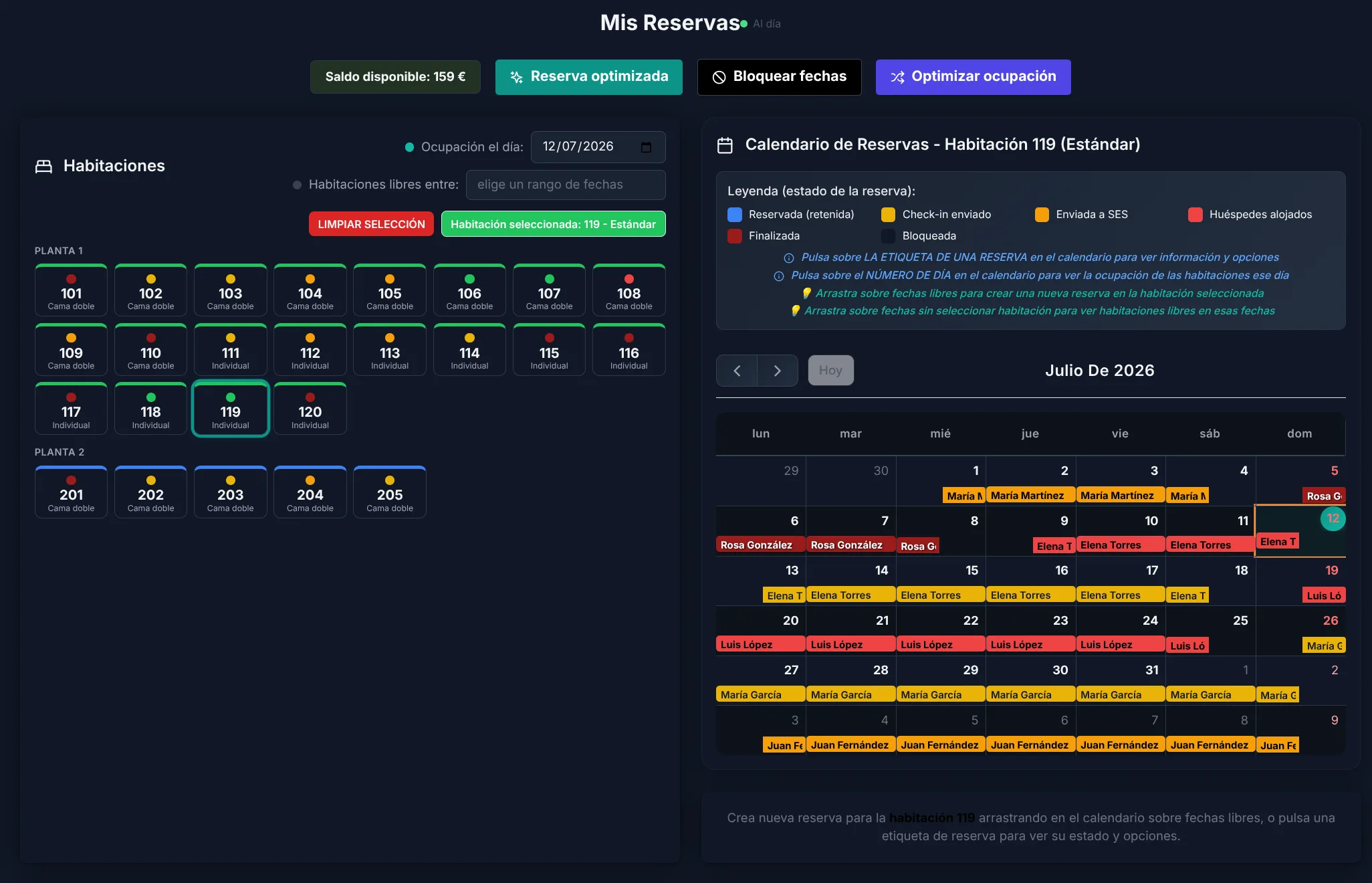 Calendario de reservas del panel de Partehotel mostrando habitaciones y sinóptico