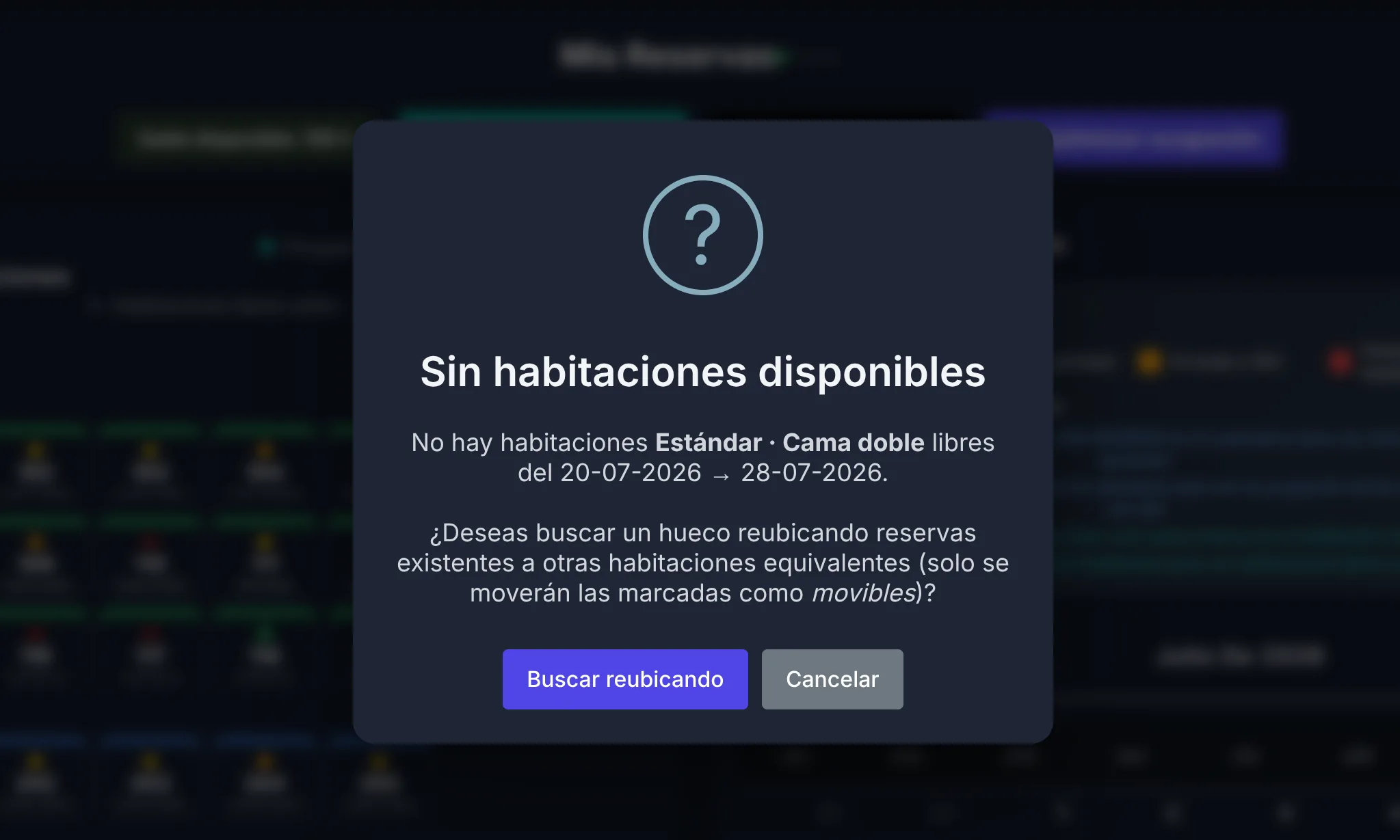Modal del optimizador mostrando búsqueda de habitaciones disponibles