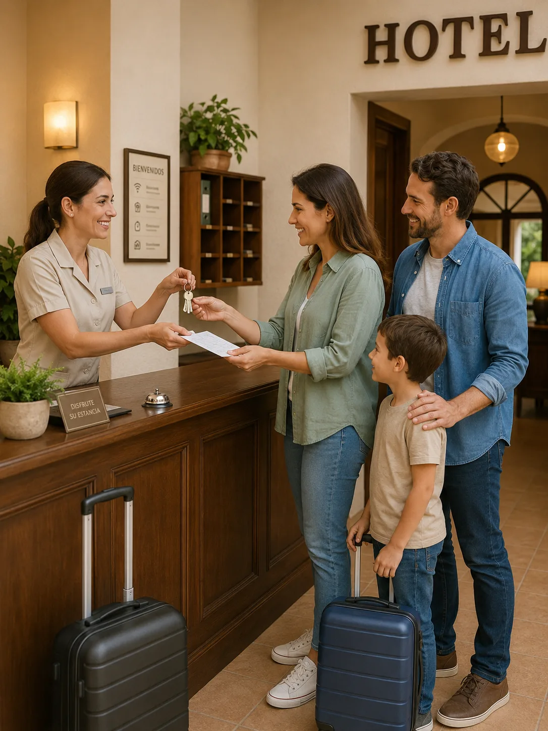 Familia haciendo el check-in en la recepción del hotel mientras la recepcionista le entrega las llaves